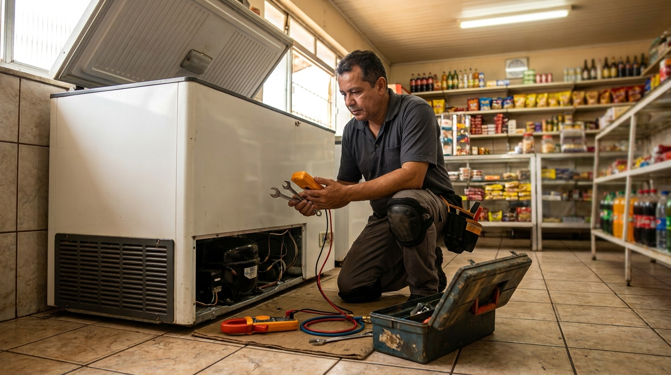 Técnico realizando manutenção de motor de freezer em Indaiatuba‑SP