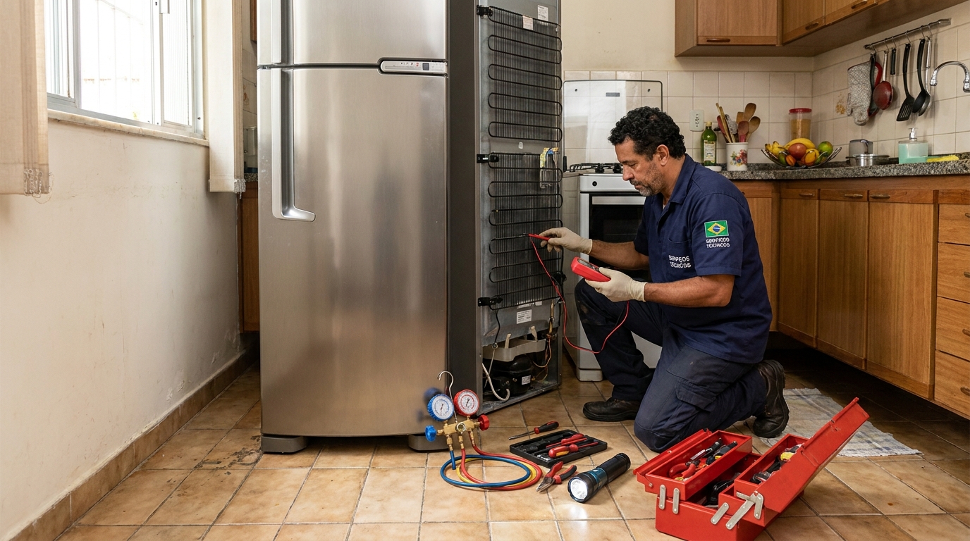 Técnico realizando manutenção de motor de geladeira em Indaiatuba‑SP